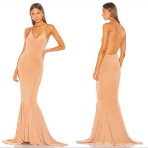 $350 REVOLVE Norma Kamali Low Back Slip Mermaid Fishtail Gown Nude Beige Dress